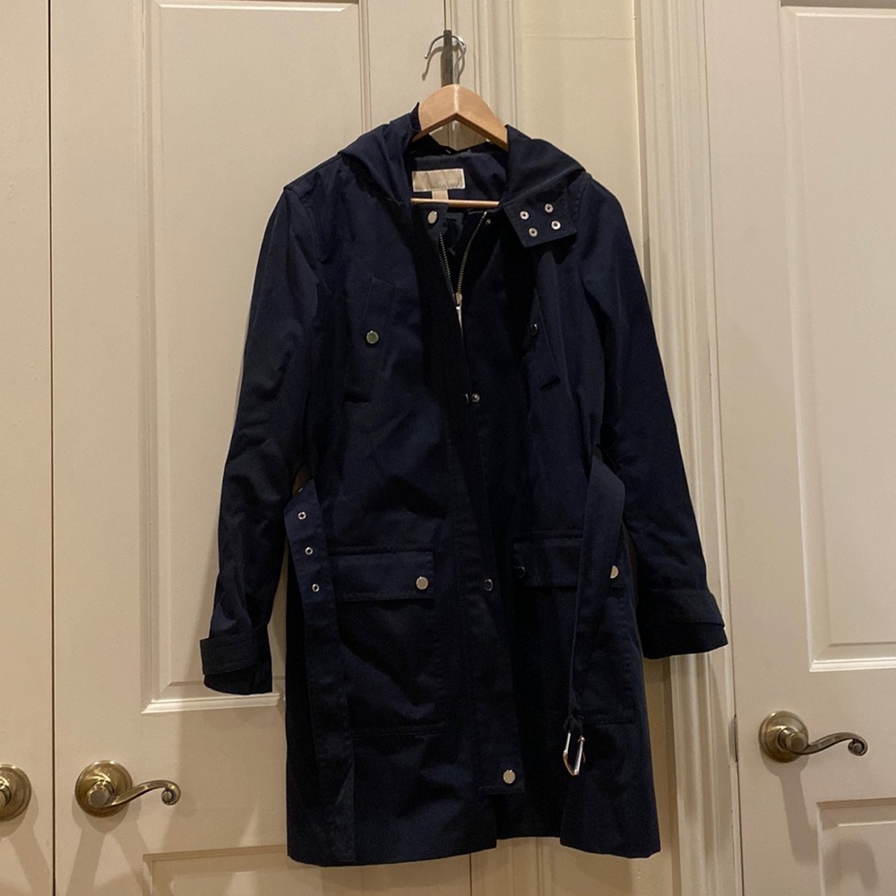 Michael Michael Kors Navy belted and hooded raincoat, size M